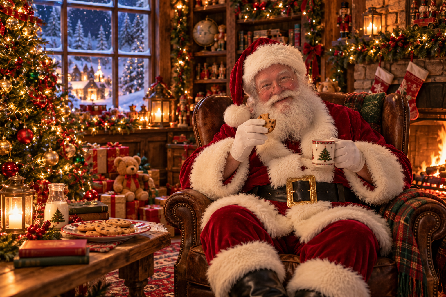 Santa Claus in his cozy North Pole workshop by the fire